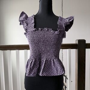 Hill House Smocked Paz Nap Top Purple Floral Romantic Cottagecore  Medium Ruffle